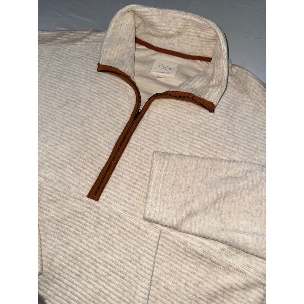 Thread & Supply Ivory Ribbed Quarter Zip Pullover Kangaroo Pocket T2016CPKDG L